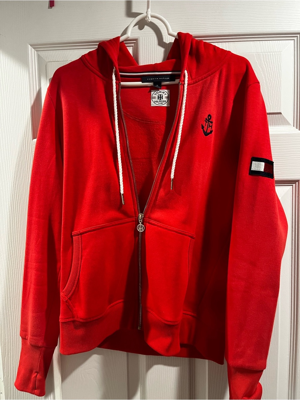 Tommy Hilfiger Red Zip-Up Hoodie with Anchor & Flag Patches